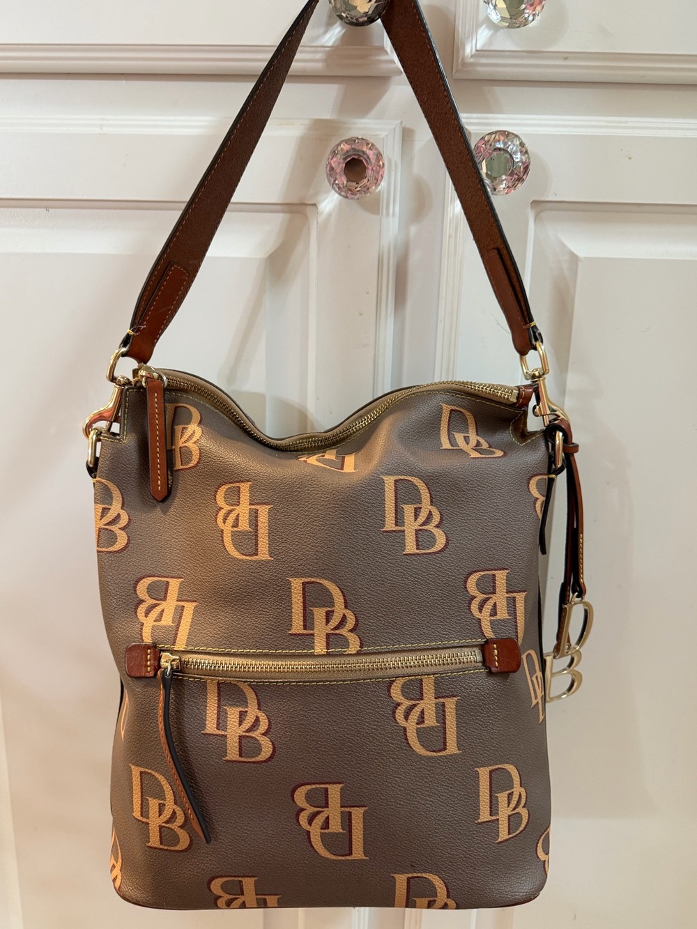 Dooney & Bourke Brown Monogram Shoulder Bag with Gold Charm